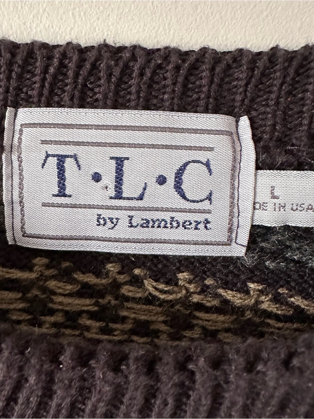 VTG 90s TLC by Lambert Geometric Fair Isle Grandpa Sweater Mens L Black Made USA - Picture 5 of 13